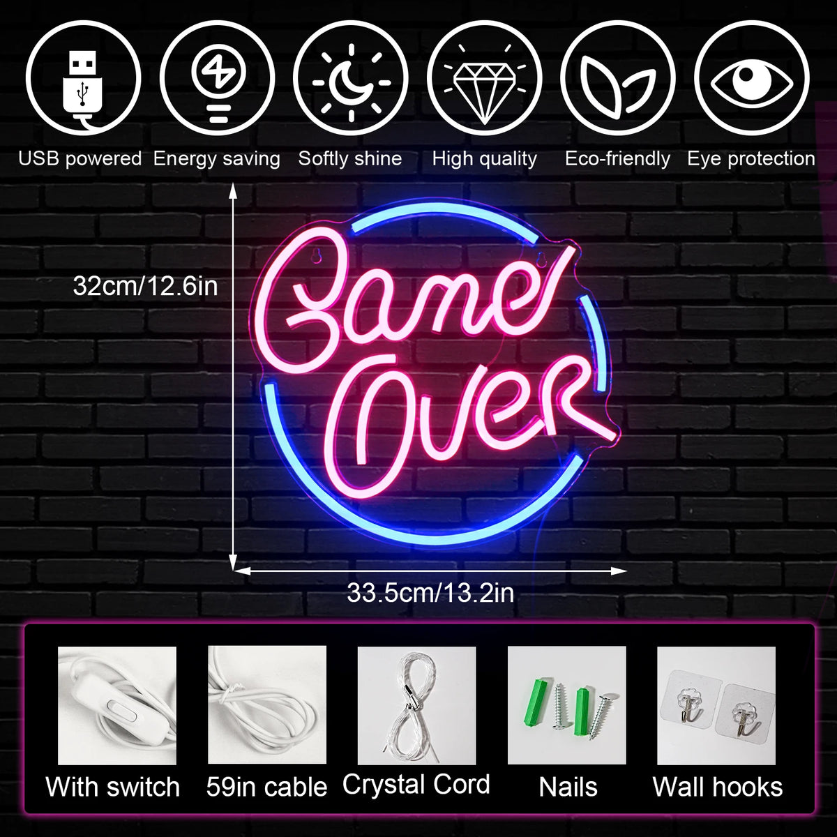 Game Over – Runde Umrandung – LED-Neonschild (5 V USB)