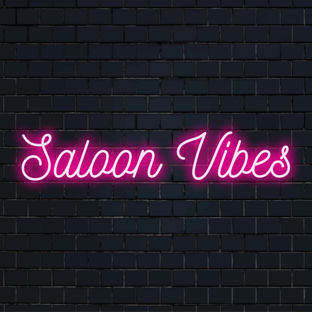 Maßgefertigtes LED-Neonschild mit dem Text „Saloon Vibes“; perfekte Neonlichtdekoration mit rustikalem Charme für jeden Raum.