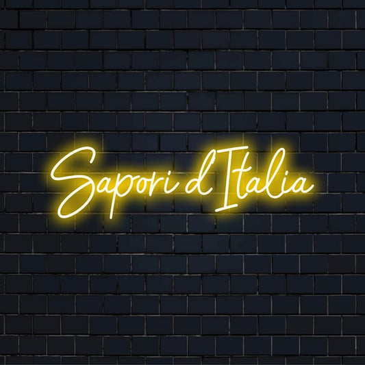 Custom LED neon sign featuring 'Sapori D'Italia'; perfect for adding a tasteful glow to any space with vibrant neon light decor.