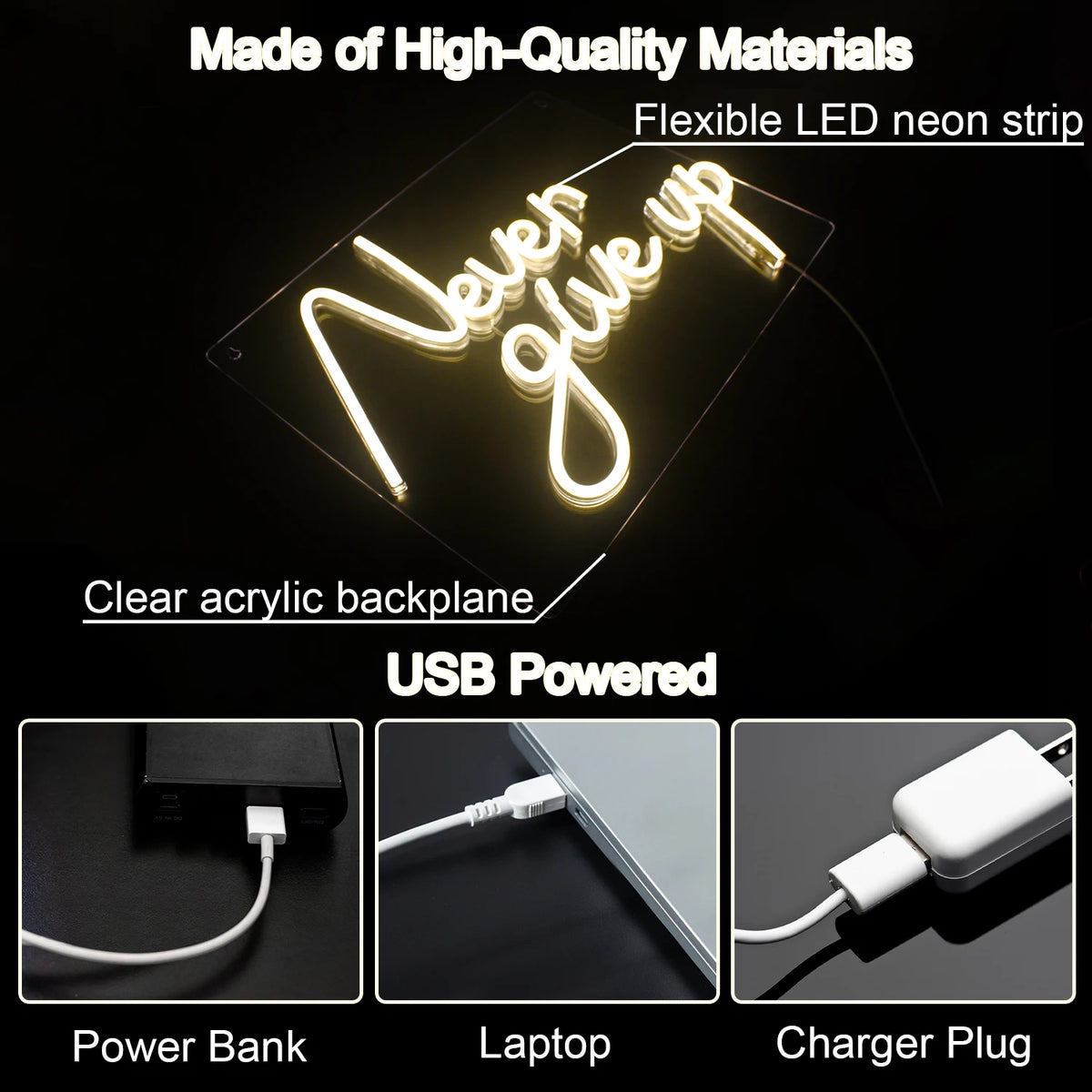 Never Give Up 5V USB LED Neon Sign - Budget Friendly