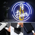 Beer – Bierflasche im runden Rahmen – LED-Leuchtschild (5 V USB)