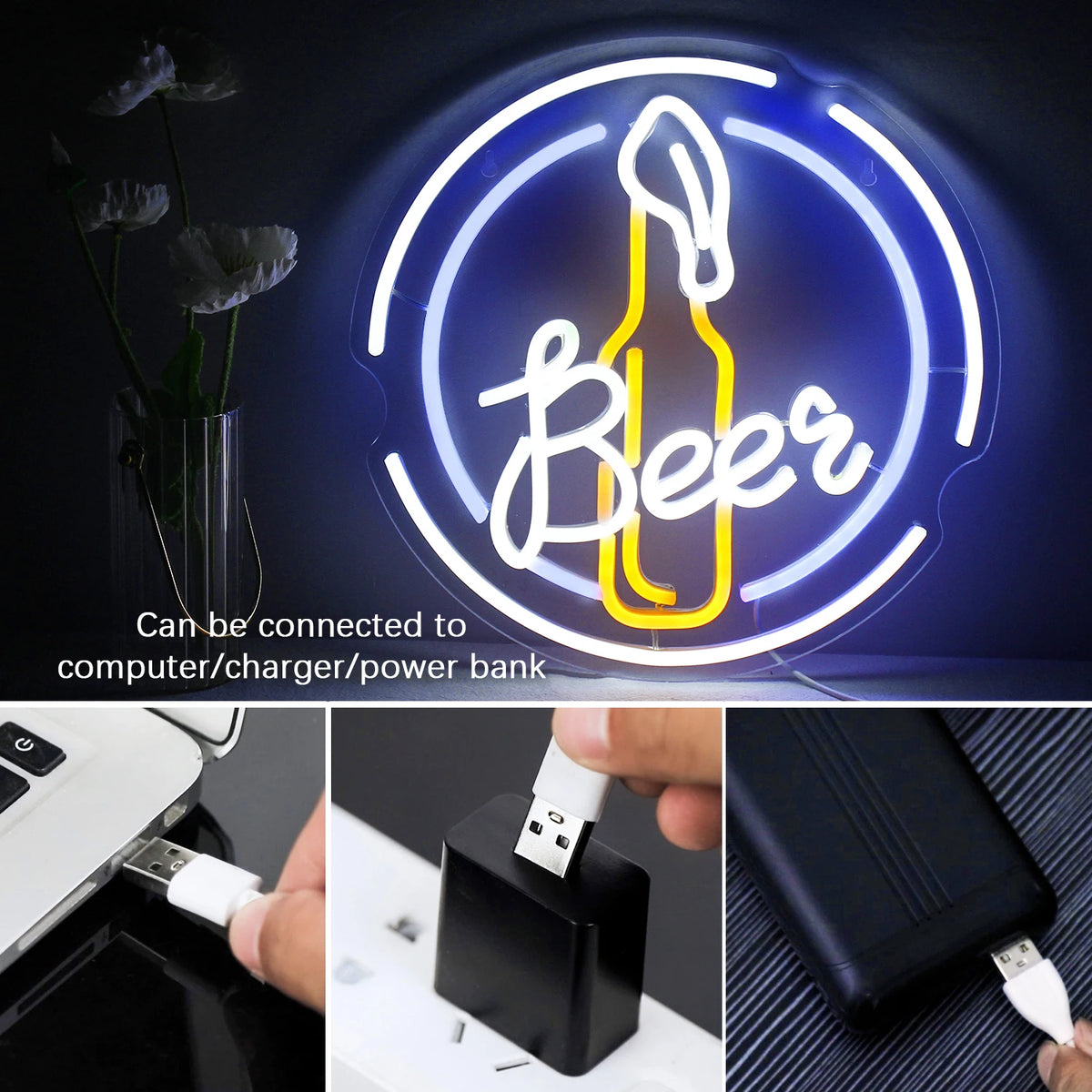 Beer – Bierflasche im runden Rahmen – LED-Leuchtschild (5 V USB)