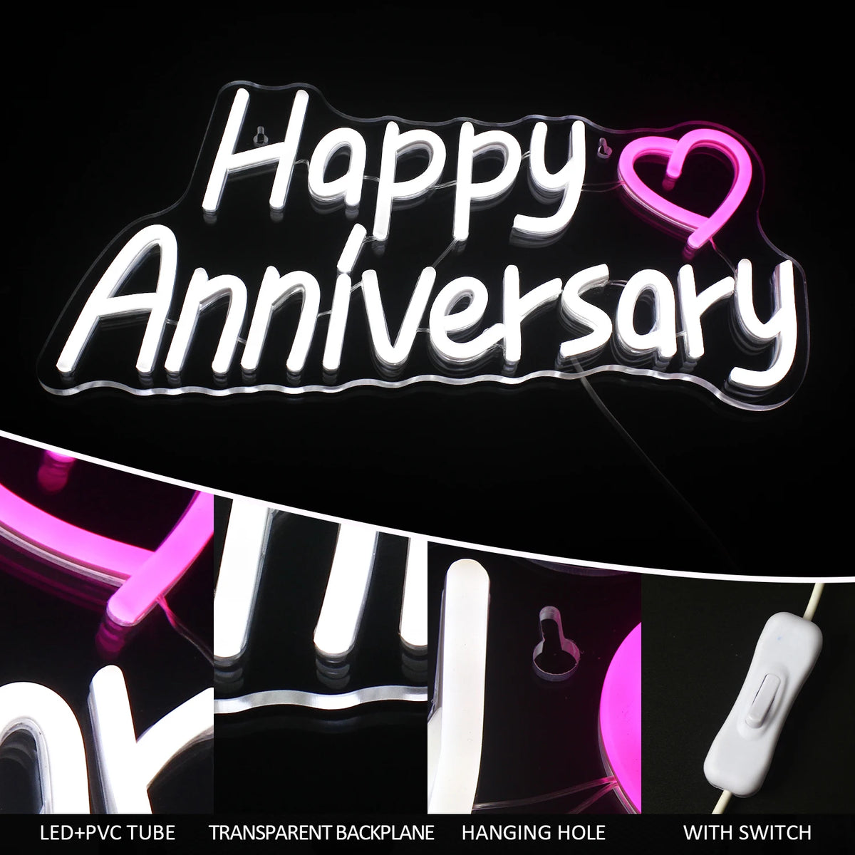 Happy Anniversary – Herz – LED-Neonschild (5 V USB)