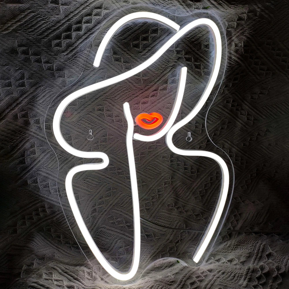 The image features a captivating and stylish LED neon sign in the shape of a lady's silhouette.