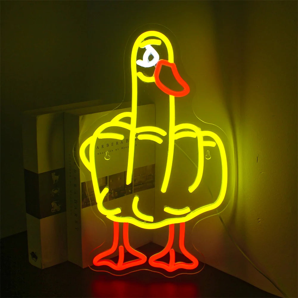 Das Bild zeigt ein hell leuchtendes, handgefertigtes LED-Neonschild in Form einer Ente.