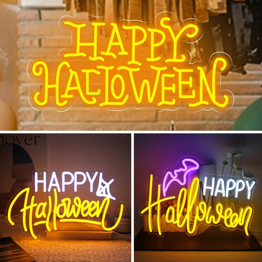 A vibrant "Happy Halloween" LED neon sign illuminates against a dark background.