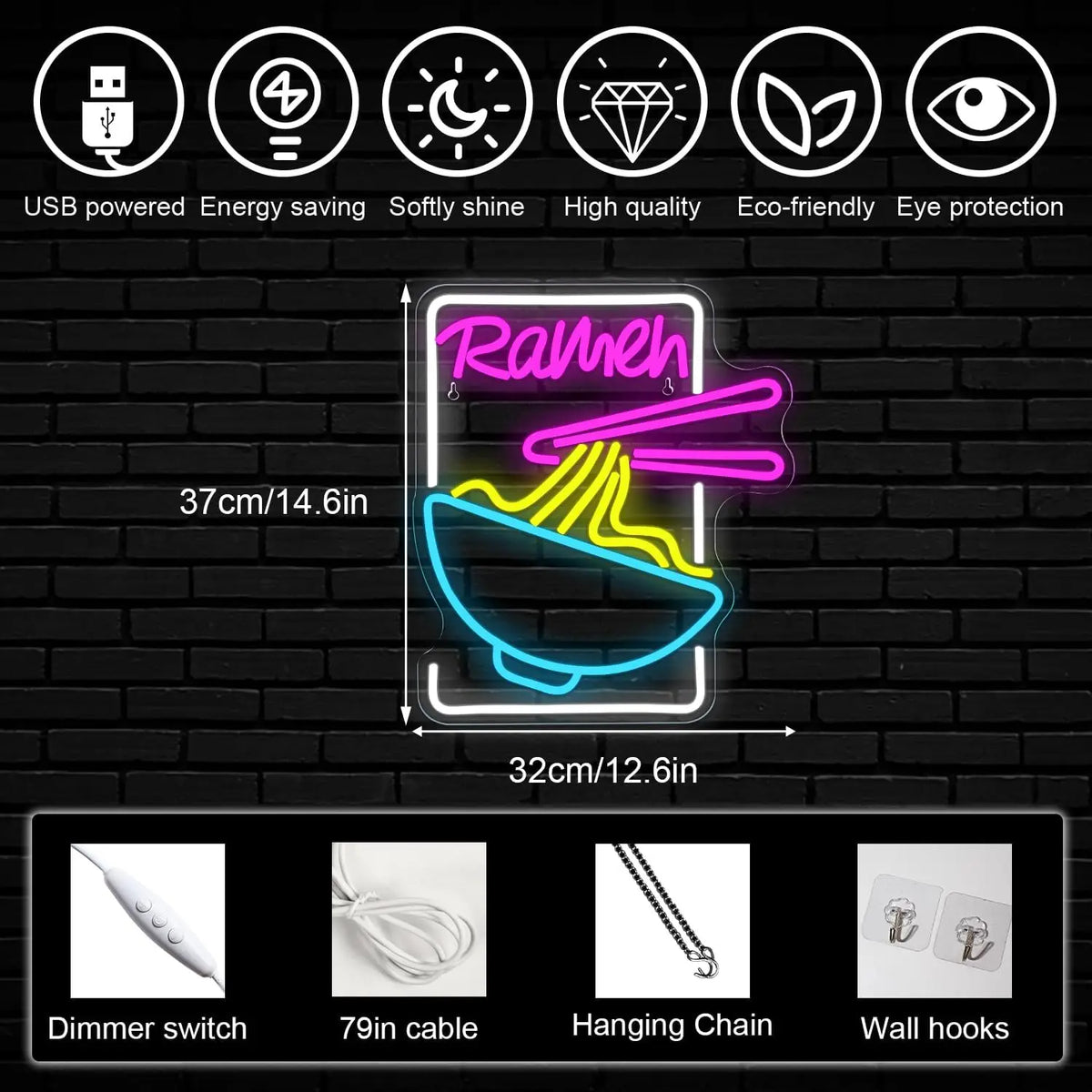 Ramen – Nudelschale und Essstäbchen – LED-Leuchtschild (5 V USB)