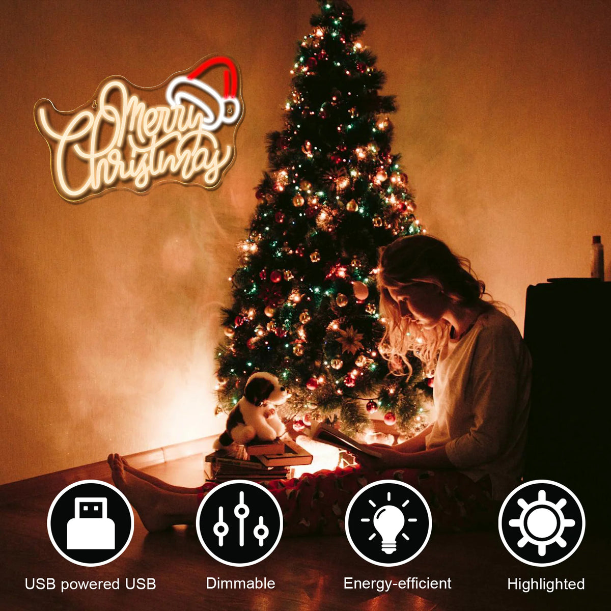 Merry Christmas – Warmweiße Buchstaben mit Weihnachtsmütze – LED-Neonschild (5 V USB)