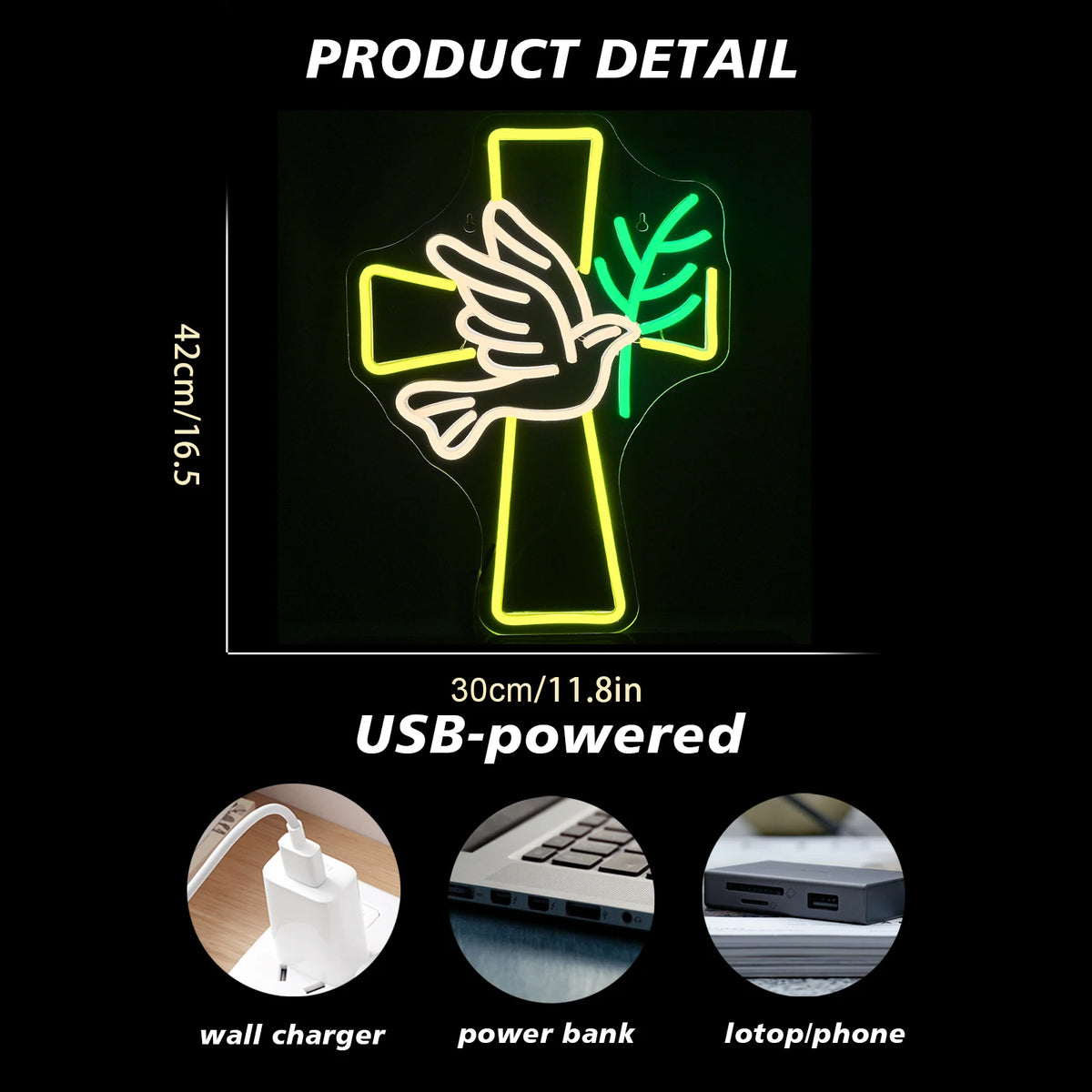 Cross and Dove of Peace 5V USB LED Neon Sign - Budget Friendly