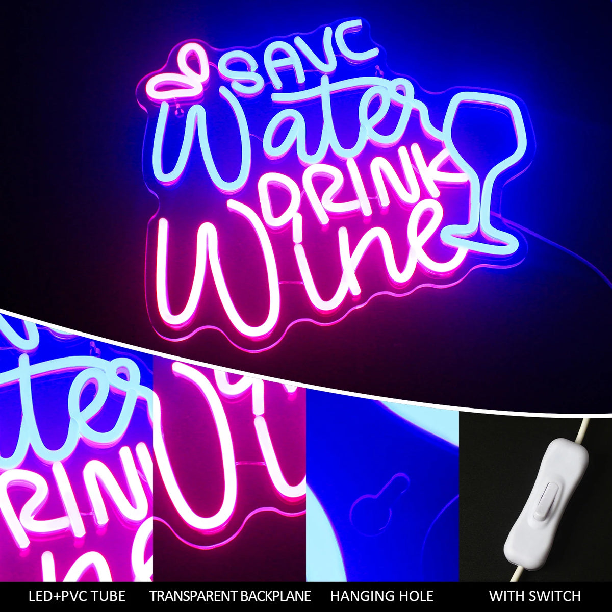 SAVE Water DRINK Wine – Weinglas und Tropfen – LED-Leuchtschild (5 V USB)