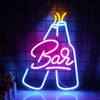 An illuminated LED neon sign shaped like the word "Bar" in a stylish, cursive font.