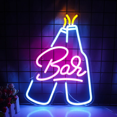 An illuminated LED neon sign shaped like the word "Bar" in a stylish, cursive font.
