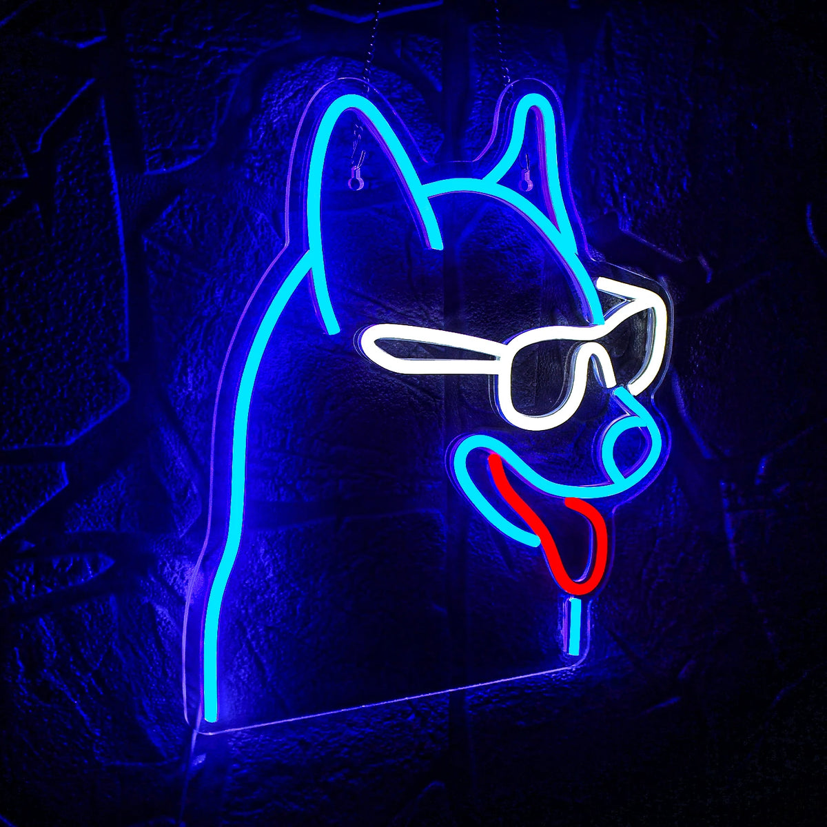 Ein leuchtendes LED-Neonschild in Form einer Hundesilhouette.