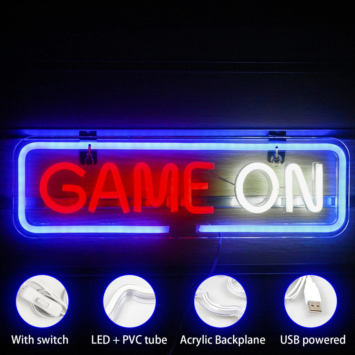 GAME ON – Abgerundeter rechteckiger Rahmen – LED-Neon-Schriftzug (5 V USB)