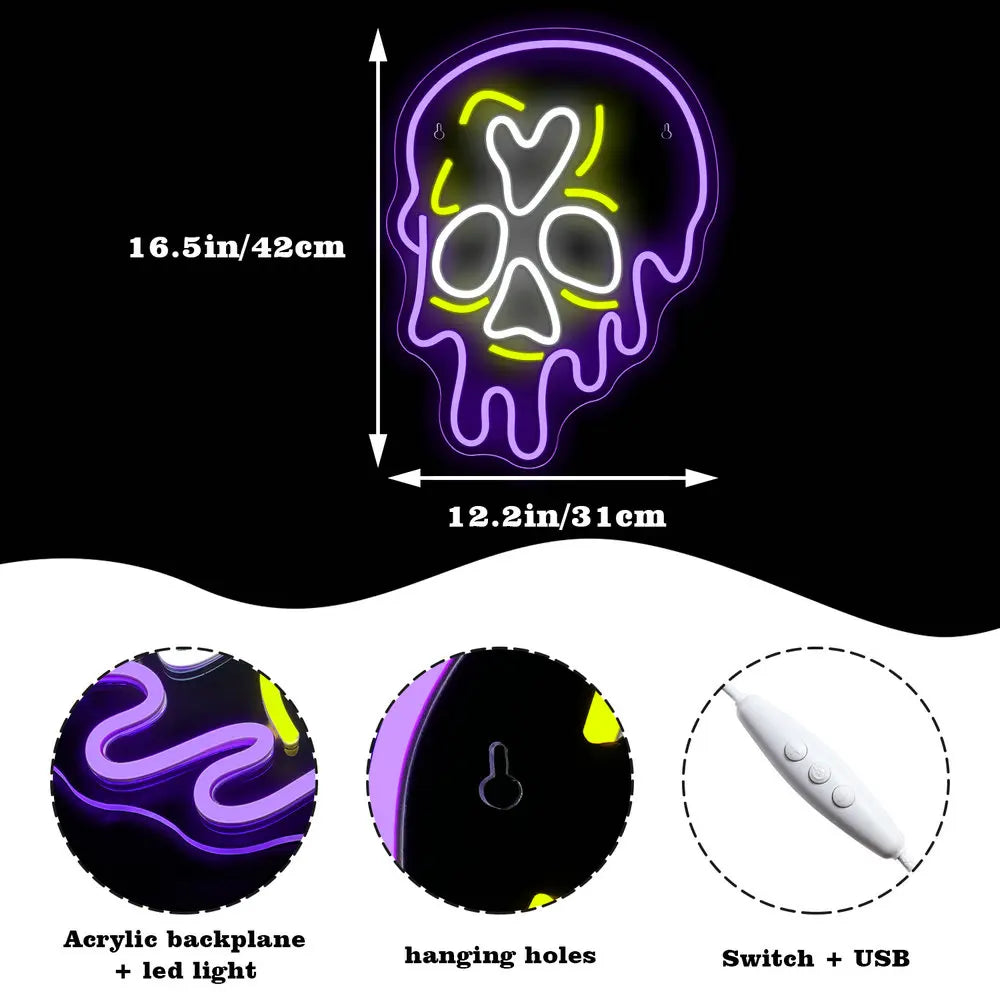 Lila Totenkopf mit Tropfeneffekt – LED-Neonschild (5 V USB)