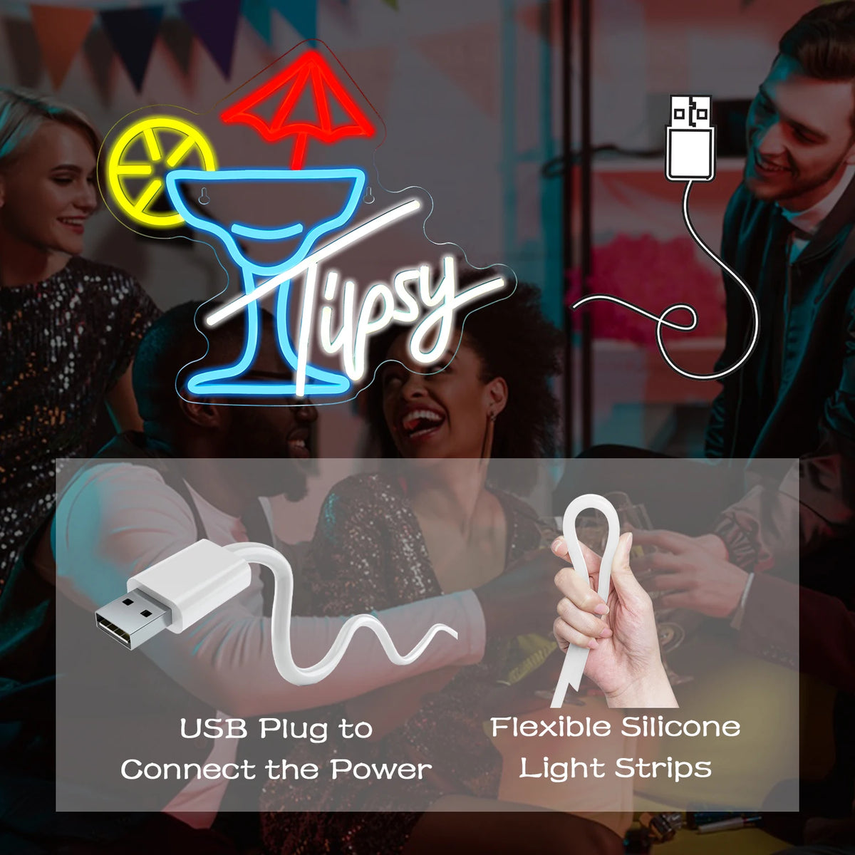 Tipsy – Cocktailglas mit Schirmchen und Zitrusscheibe – LED-Leuchtschild (5 V USB)