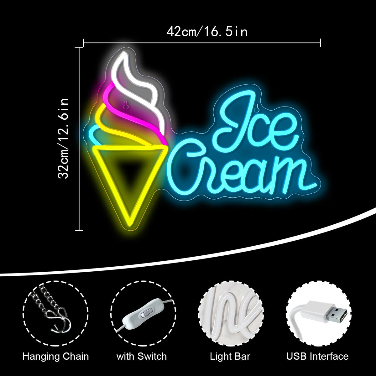 Ice Cream – Eistüte seitlich – LED-Leuchtschild (5 V USB)