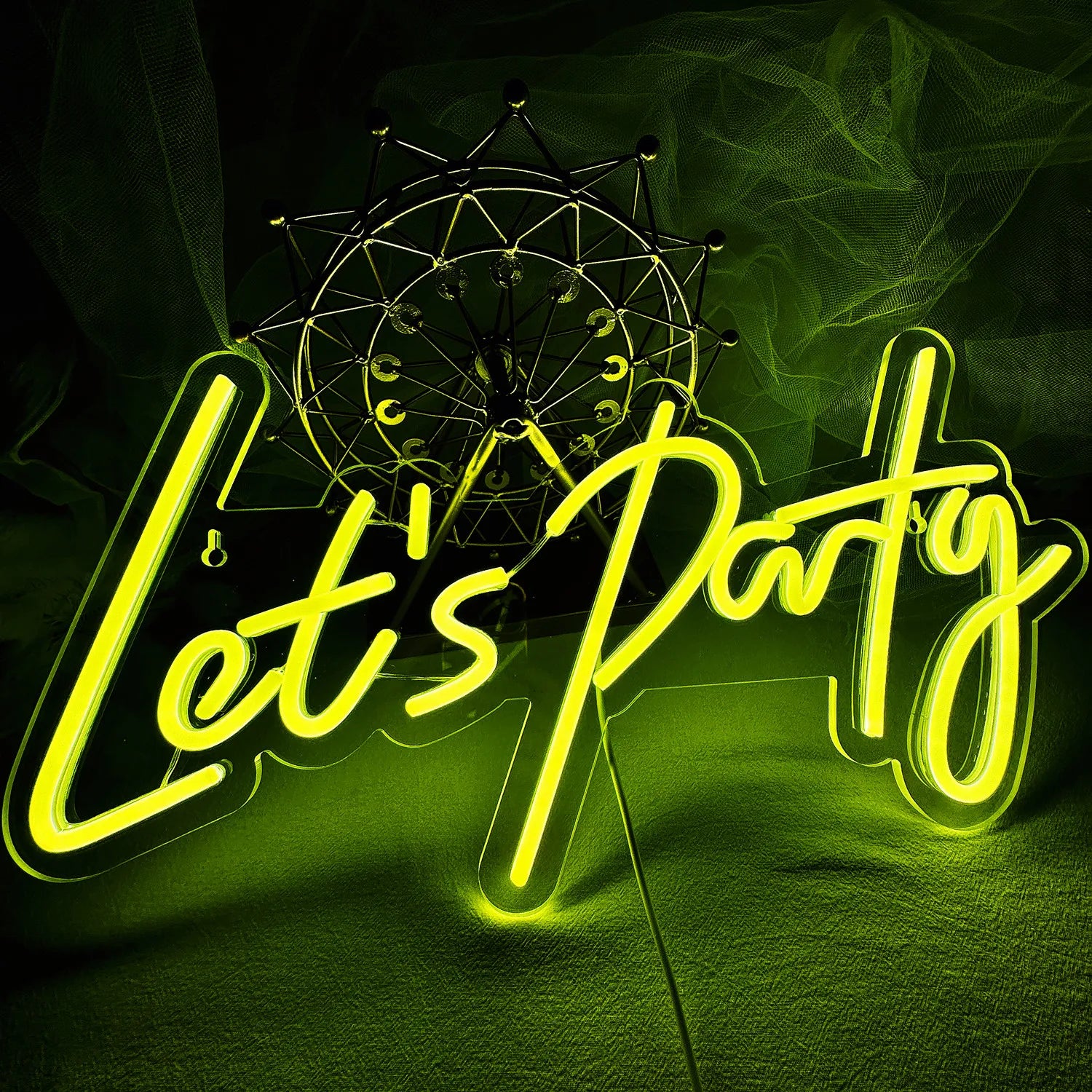 The image displays a vibrant "Let's Party" LED neon sign.