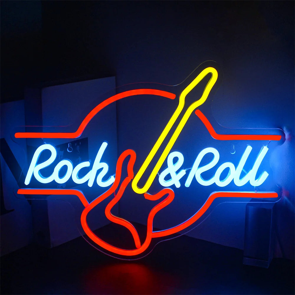 Das Bild zeigt ein leuchtendes LED-Neonschild in Form einer E-Gitarre, das in hellen, bunten Lichtern leuchtet.
