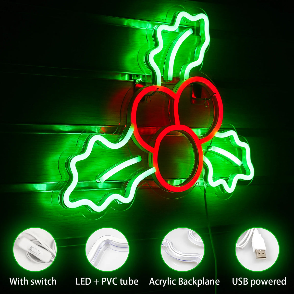 Stechpalme mit Beeren – LED-Neonschild (5 V USB)