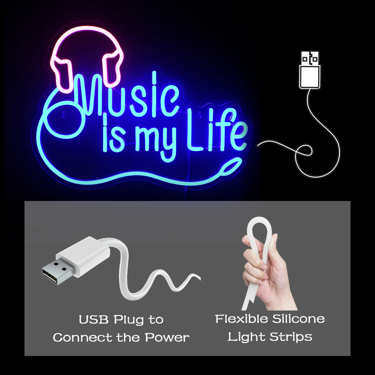 Music is my Life – Kopfhörer – LED-Neonschild (5 V USB)