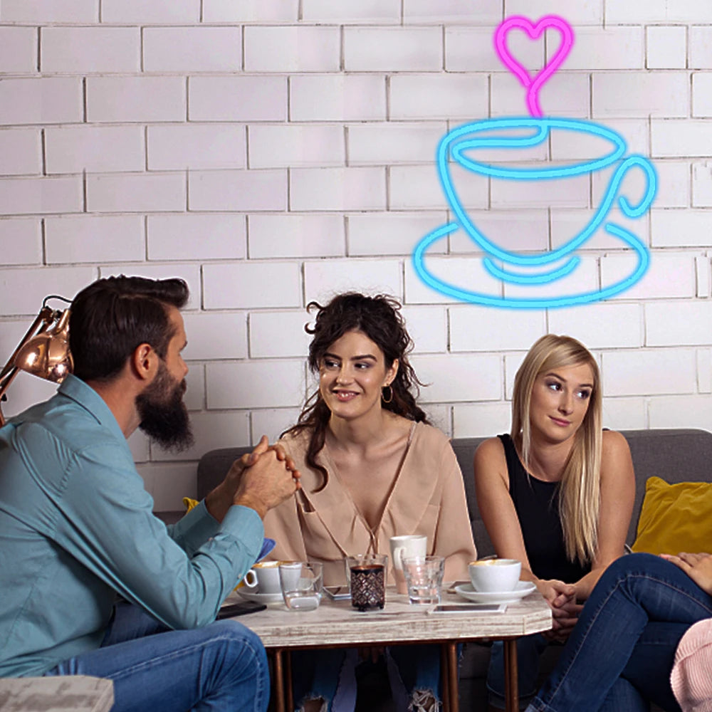 Kaffeetasse und Herz – LED-Leuchtschild (5 V USB)
