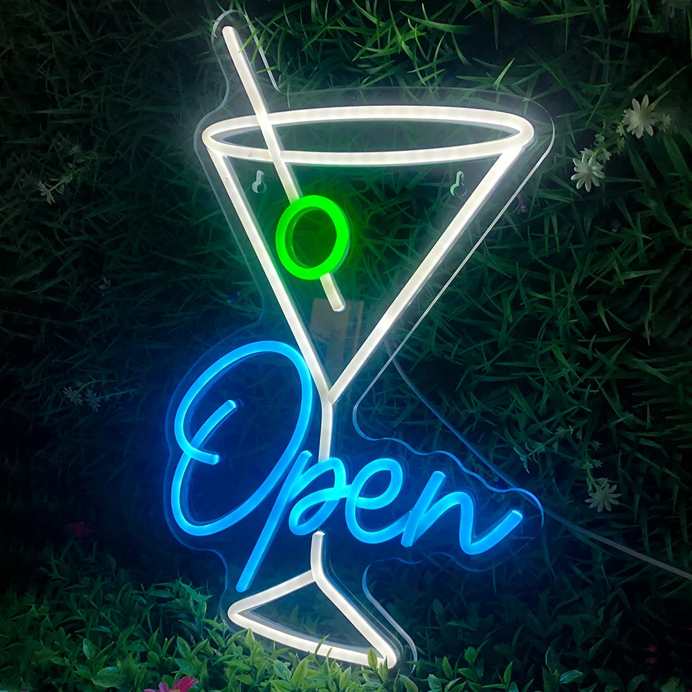 Open – Martiniglas mit Olive – LED-Leuchtschild (5 V USB)
