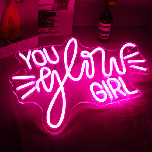 YOU glow GIRL – Lichtstrahlen – LED-Neonschild (5 V USB)
