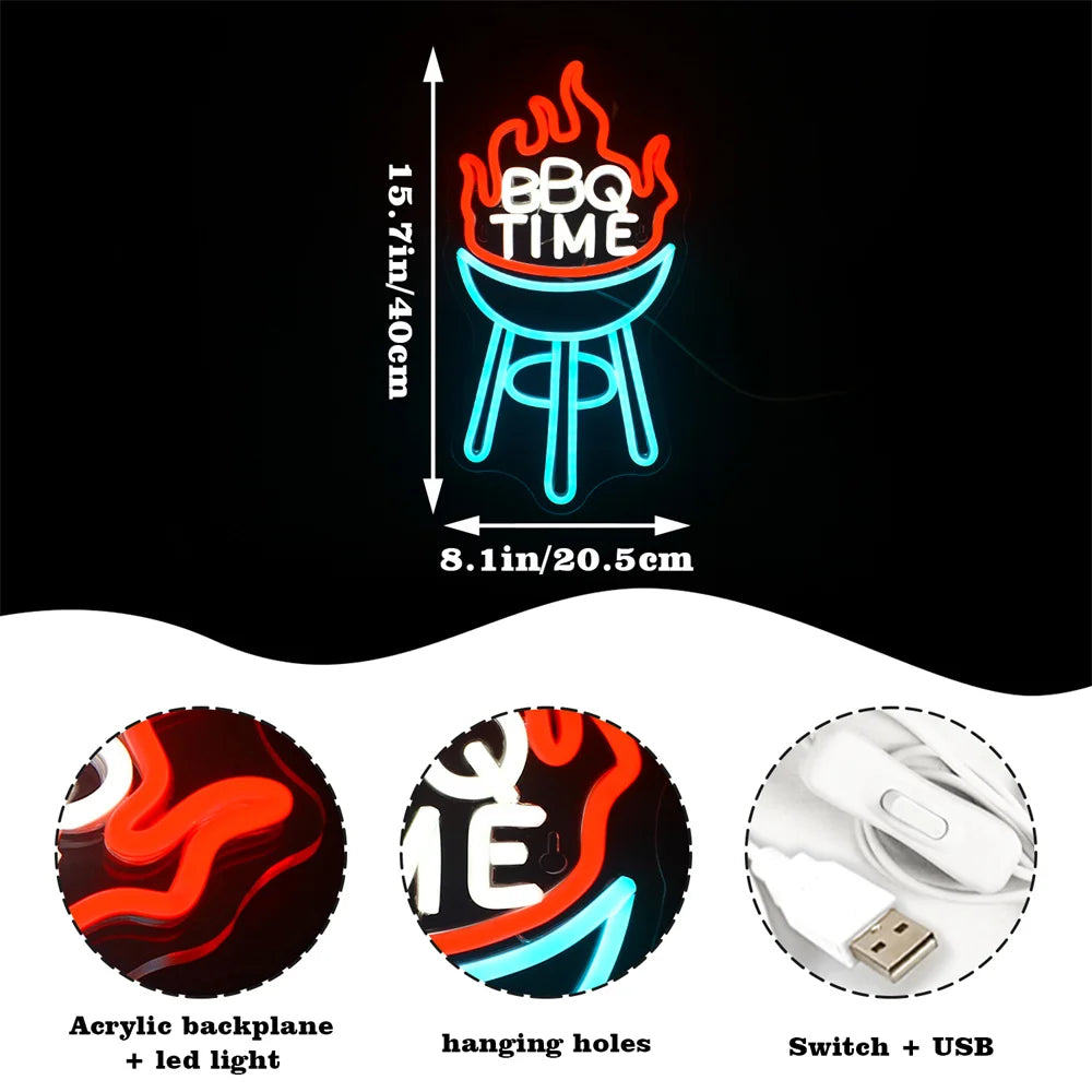 BBQ TIME – Grill mit Flammen – LED-Leuchtschild (5 V USB)