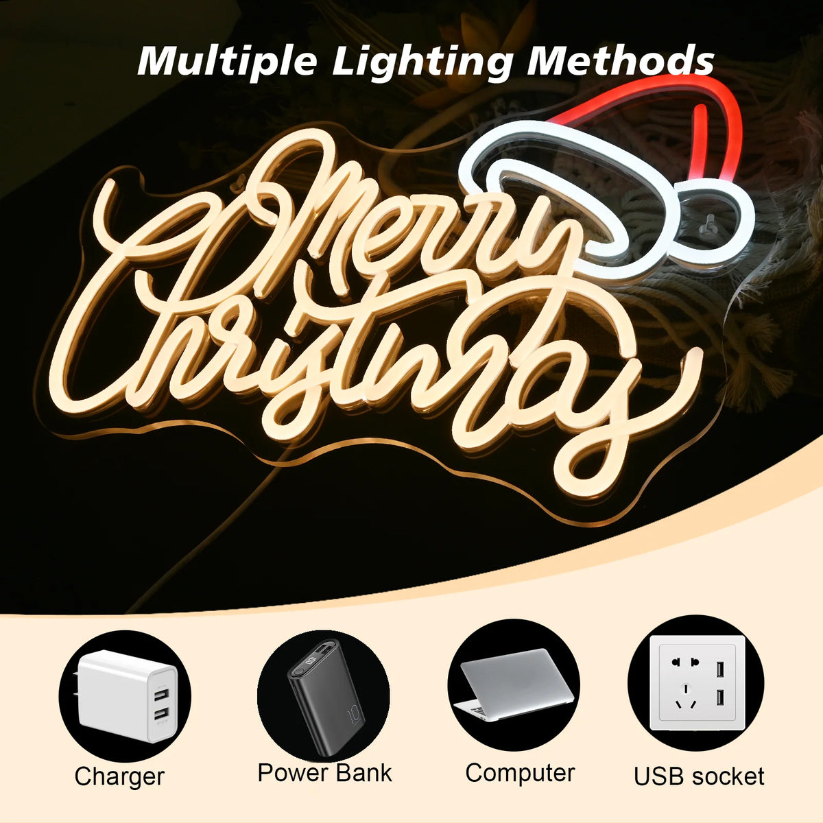 Merry Christmas – Warmweiße Buchstaben mit Weihnachtsmütze – LED-Neonschild (5 V USB)