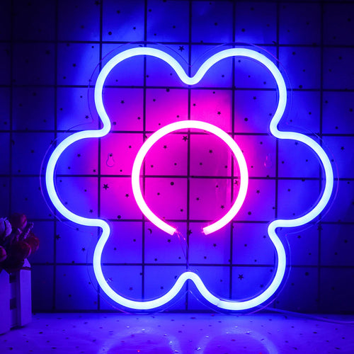 Vor einem schlichten Hintergrund wird ein lebendiges, handgefertigtes LED-Neonschild in Form einer Blume angezeigt.