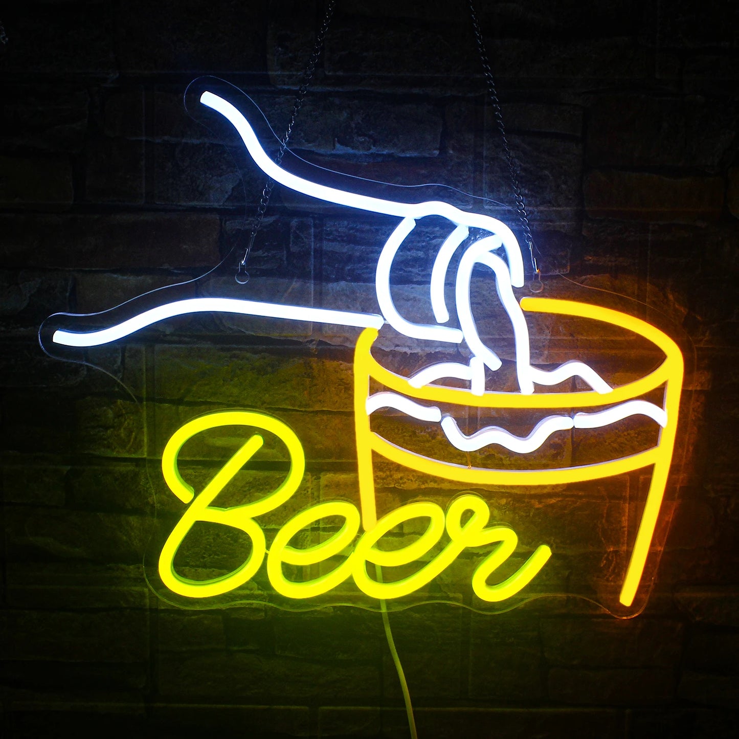 The image displays a vibrant, handmade LED neon sign that spells out "Beer Bar" in bright, eye-catching letters.