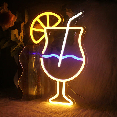 A vibrant LED neon sign in the shape of a classic drink cup, complete with a straw.
