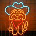Ein leuchtendes LED-Neonschild mit der Darstellung eines stilisierten Cowboyhundes.