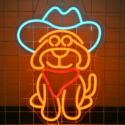 Ein leuchtendes LED-Neonschild mit der Darstellung eines stilisierten Cowboyhundes.