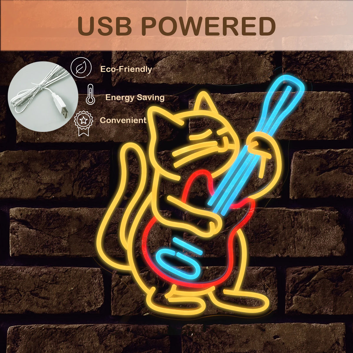 Gitarre spielende Katze – LED-Neonschild (5 V USB)