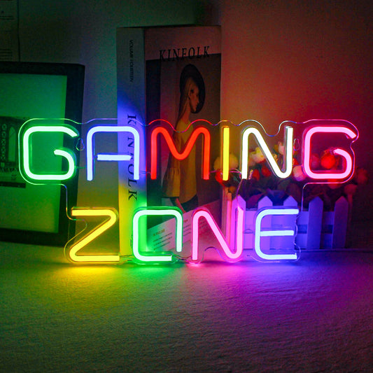 The image showcases a vibrant LED neon sign that spells out "Gaming Zone.