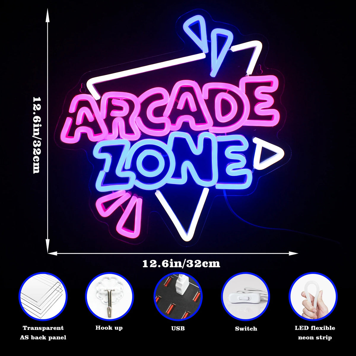 Arcade Zone – Dreieckiger Rahmen und Strahlen – LED-Neonschild (5 V USB)