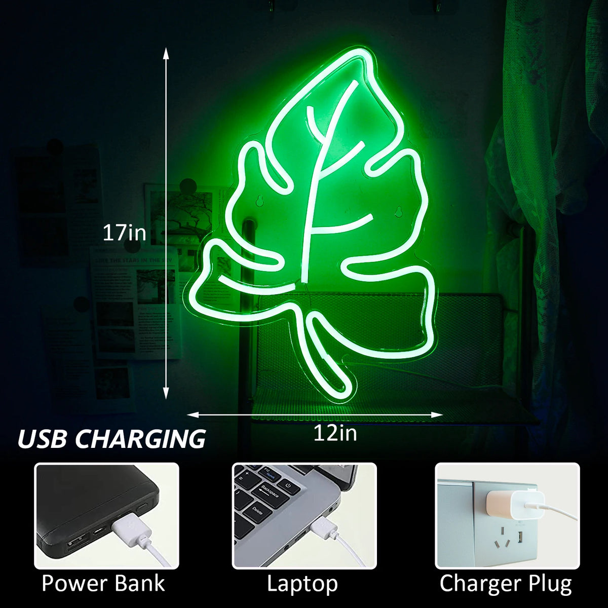 Grünes Blatt – LED-Neonschild (5 V USB)