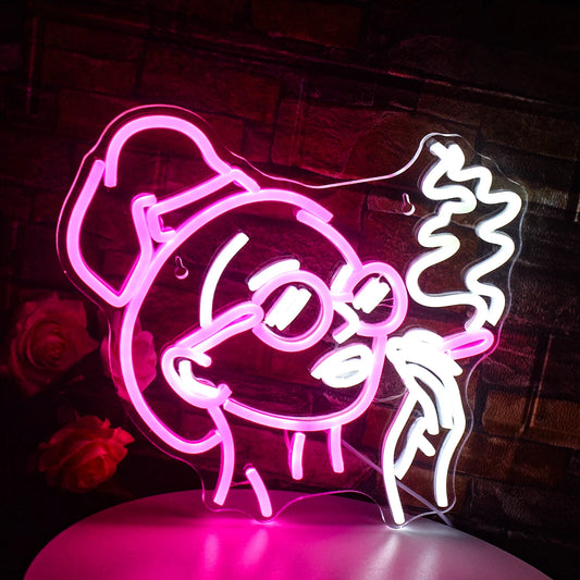 A vivid LED neon sign depicting a stylized illustration of a girl smoking.