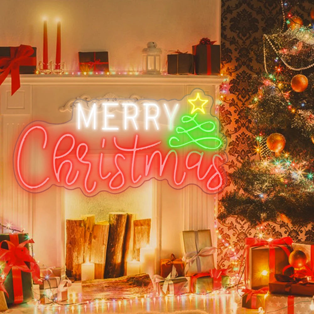 Merry Christmas – Weihnachtsbaum und Stern – LED-Neonschild (5 V USB)