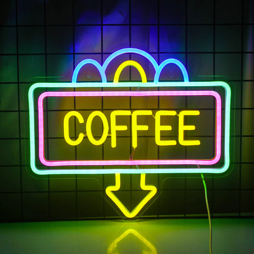 Das Bild zeigt ein stilvolles LED-Neonschild in Form einer dampfenden Kaffeetasse.