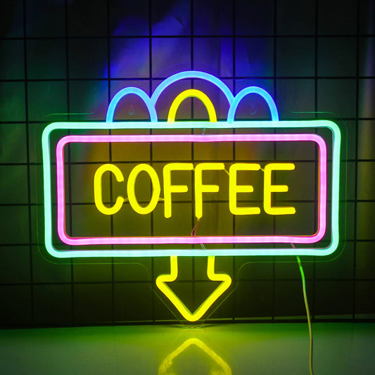 The image features a stylish LED neon sign in the shape of a steaming coffee cup.