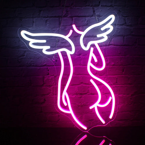 Ein stilvolles und auffälliges Angel-LED-Neonschild mit der leuchtenden, minimalistischen Silhouette eines Engels mit Flügeln.