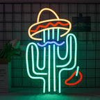 A vibrant LED neon sign shaped like a cactus.