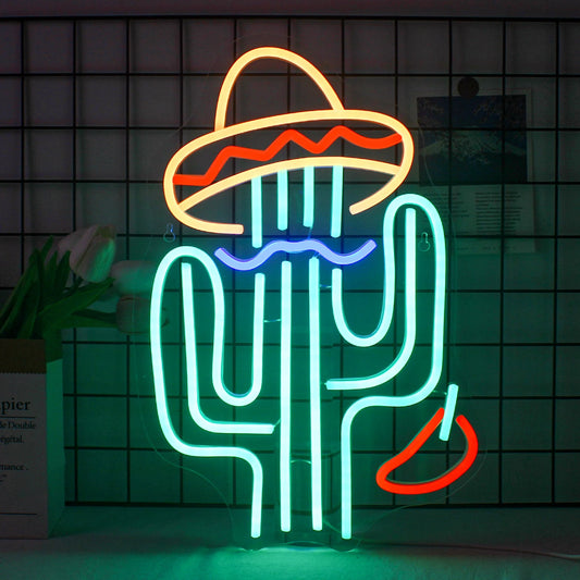 A vibrant LED neon sign shaped like a cactus.