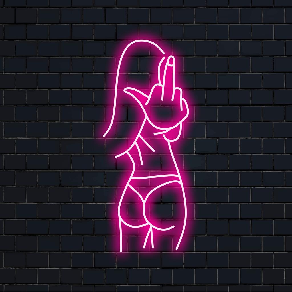 Maßgefertigtes LED-Neonschild „Sexy Bad Girl“ mit einem auffälligen Mittelfinger, perfekt für eine ausgefallene Neonlicht-Dekoration.