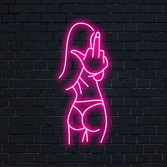 Custom-made Sexy Bad Girl LED neon sign featuring a bold middle finger, perfect for edgy neon light decor.