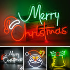 Das Bild zeigt ein leuchtendes LED-Neonschild mit den Worten „Frohe Weihnachten“ in klassischer Schreibschrift.