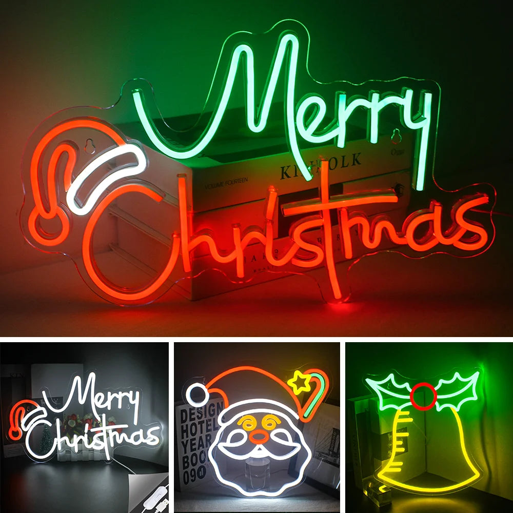 Das Bild zeigt ein leuchtendes LED-Neonschild mit den Worten „Frohe Weihnachten“ in klassischer Schreibschrift.